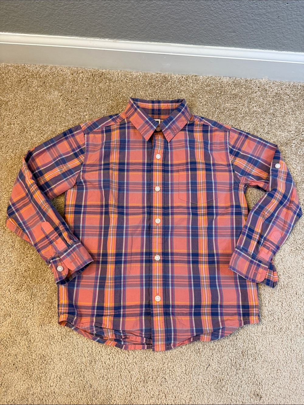 Janie and Jack Pink Coral & Navy Plaid Button Down Shirt Size Small